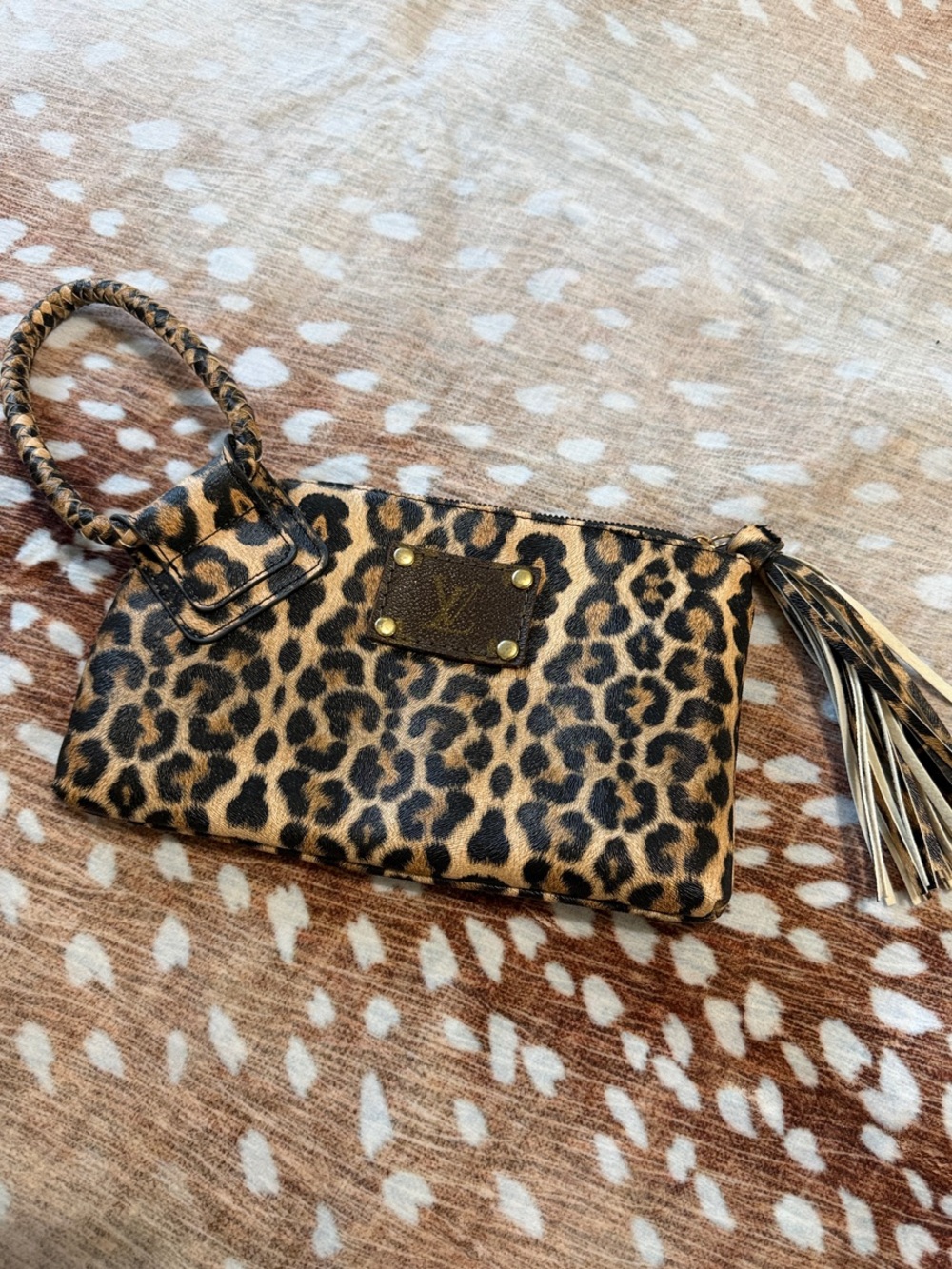 LV Upcycled Leopard Print Wristlet Clutch with Tassel Accent